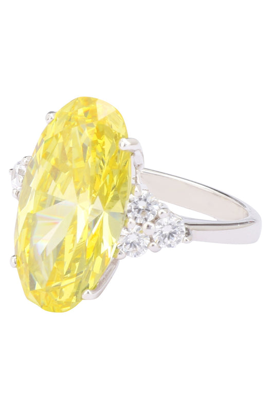 Rhodium Finish Oval Shaped Yellow and White Zircons Ring