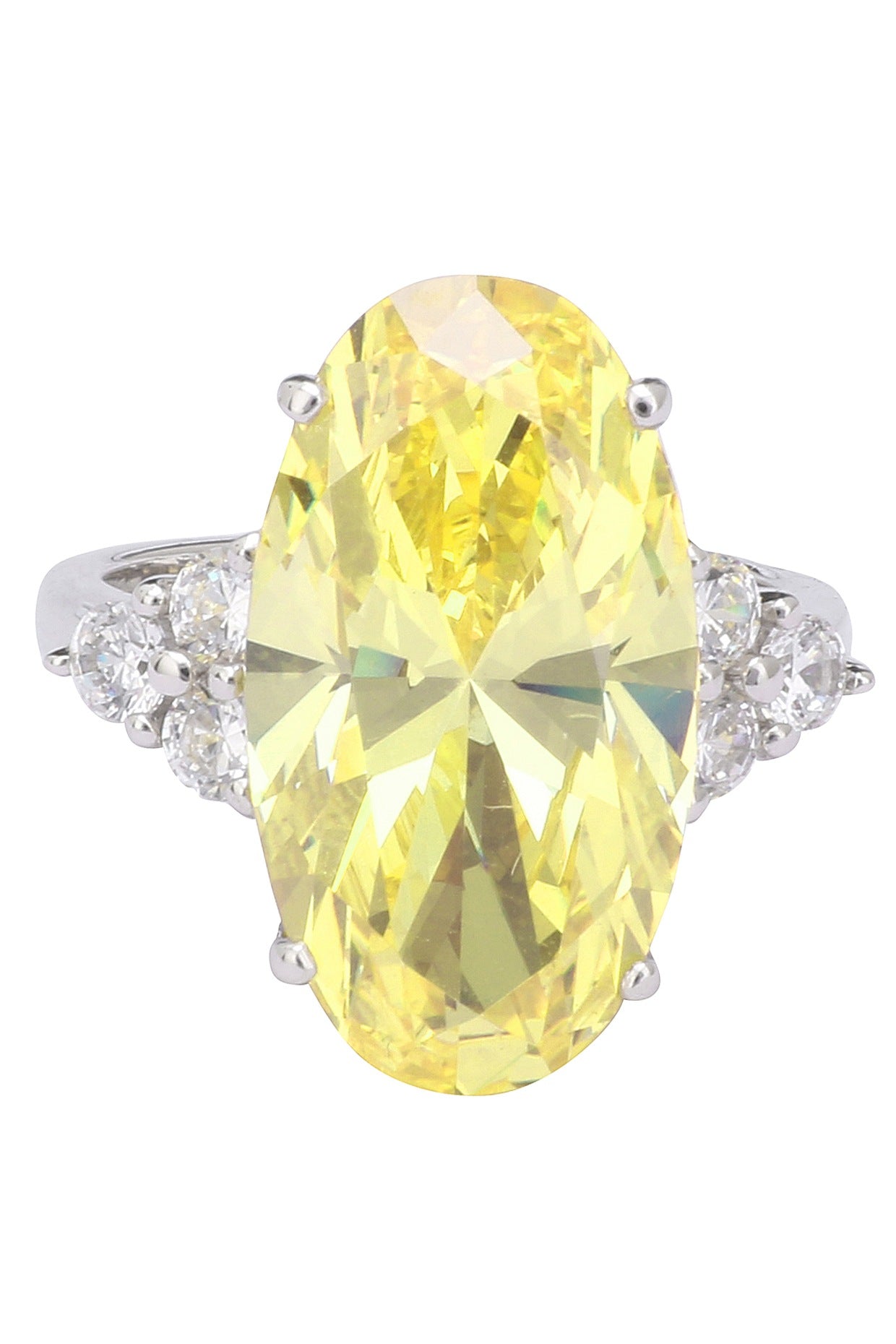 Rhodium Finish Oval Shaped Yellow and White Zircons Ring