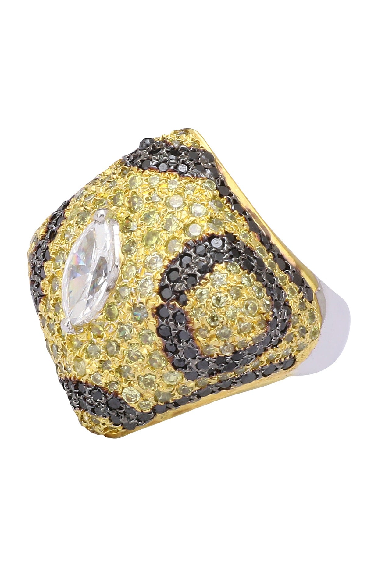 Rhodium Finish Square Shaped Black and Gold Zircon and Swarovski Ring