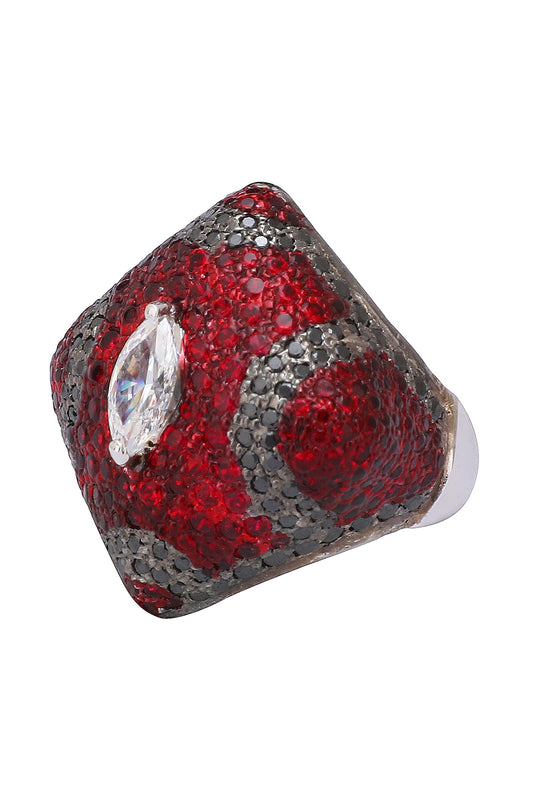 Rhodium Finish Square Shaped Black and Red Zircon and Swarovski Ring