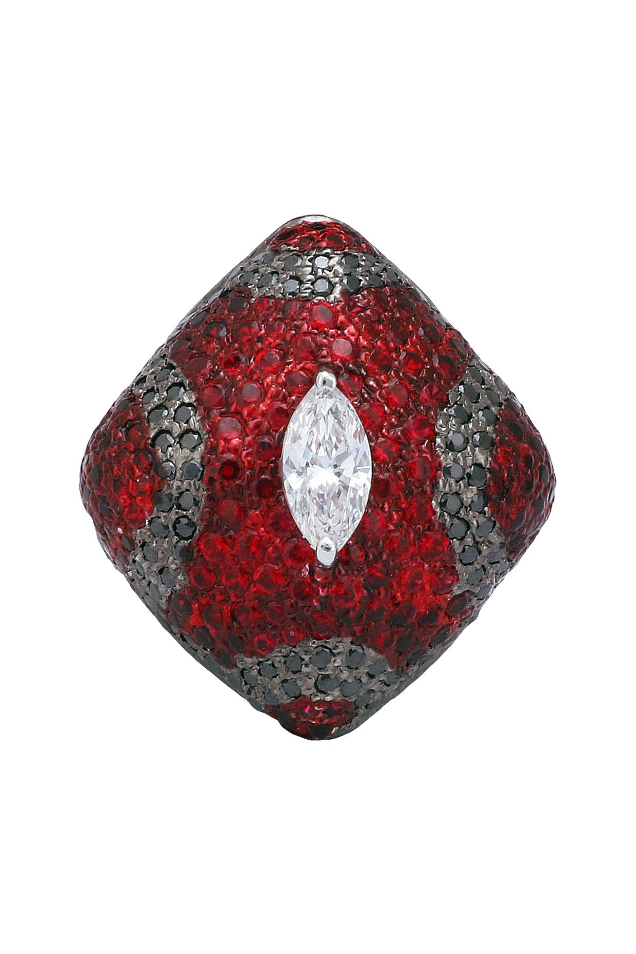 Rhodium Finish Square Shaped Black and Red Zircon and Swarovski Ring