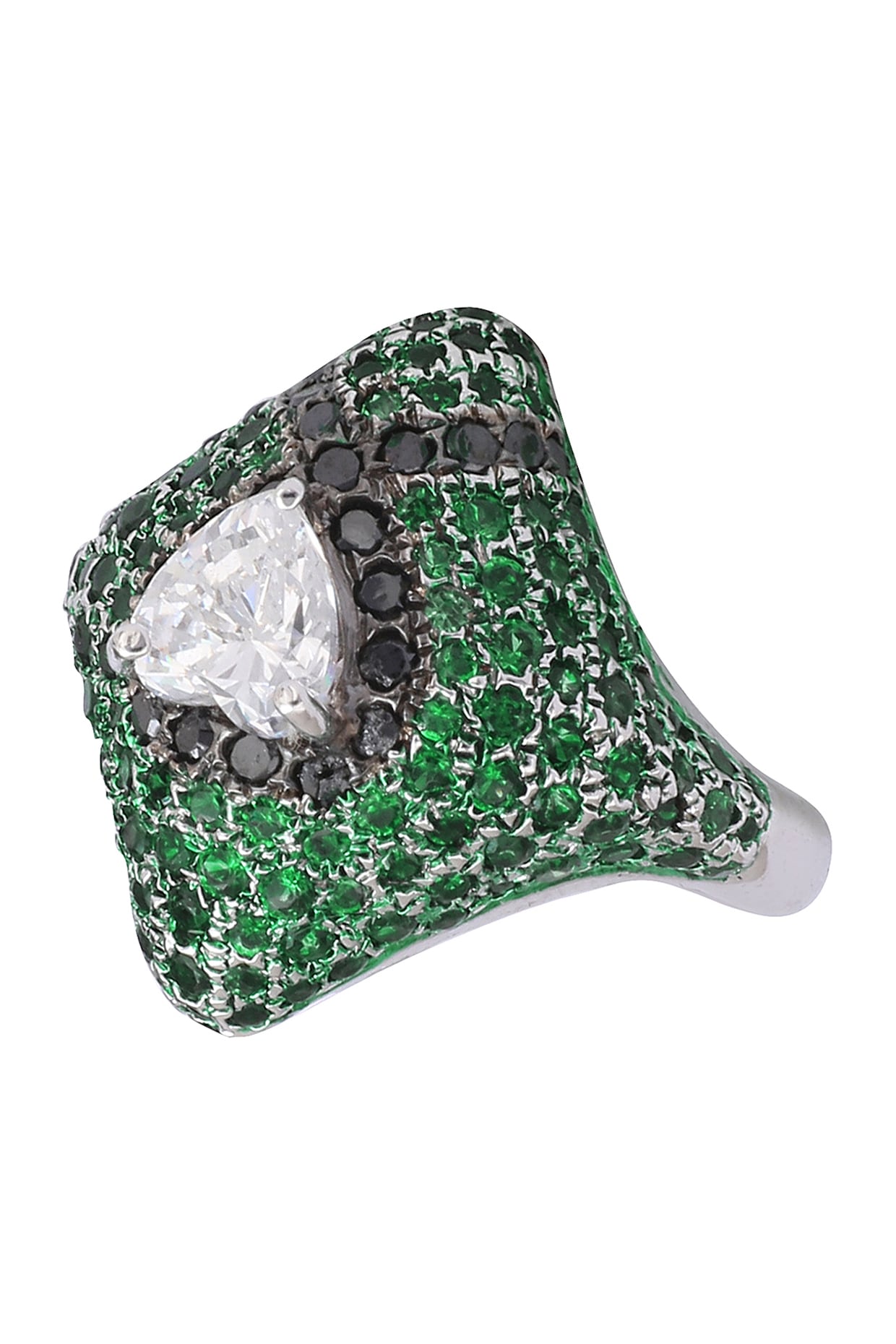 Rhodium Finish Square Shaped Black and Green Zircon and Swarovski Ring