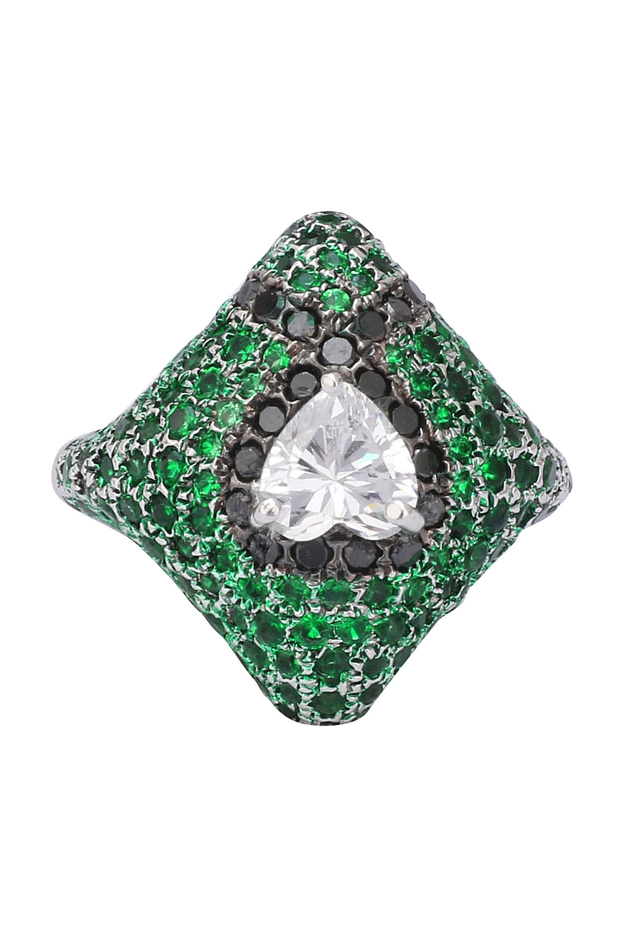 Rhodium Finish Square Shaped Black and Green Zircon and Swarovski Ring