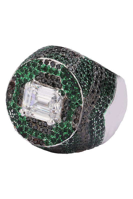 Rhodium Finish Black and Green Zircon and Swarovski Ring