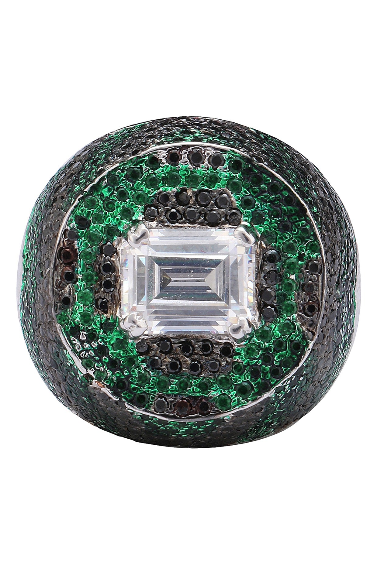 Rhodium Finish Black and Green Zircon and Swarovski Ring