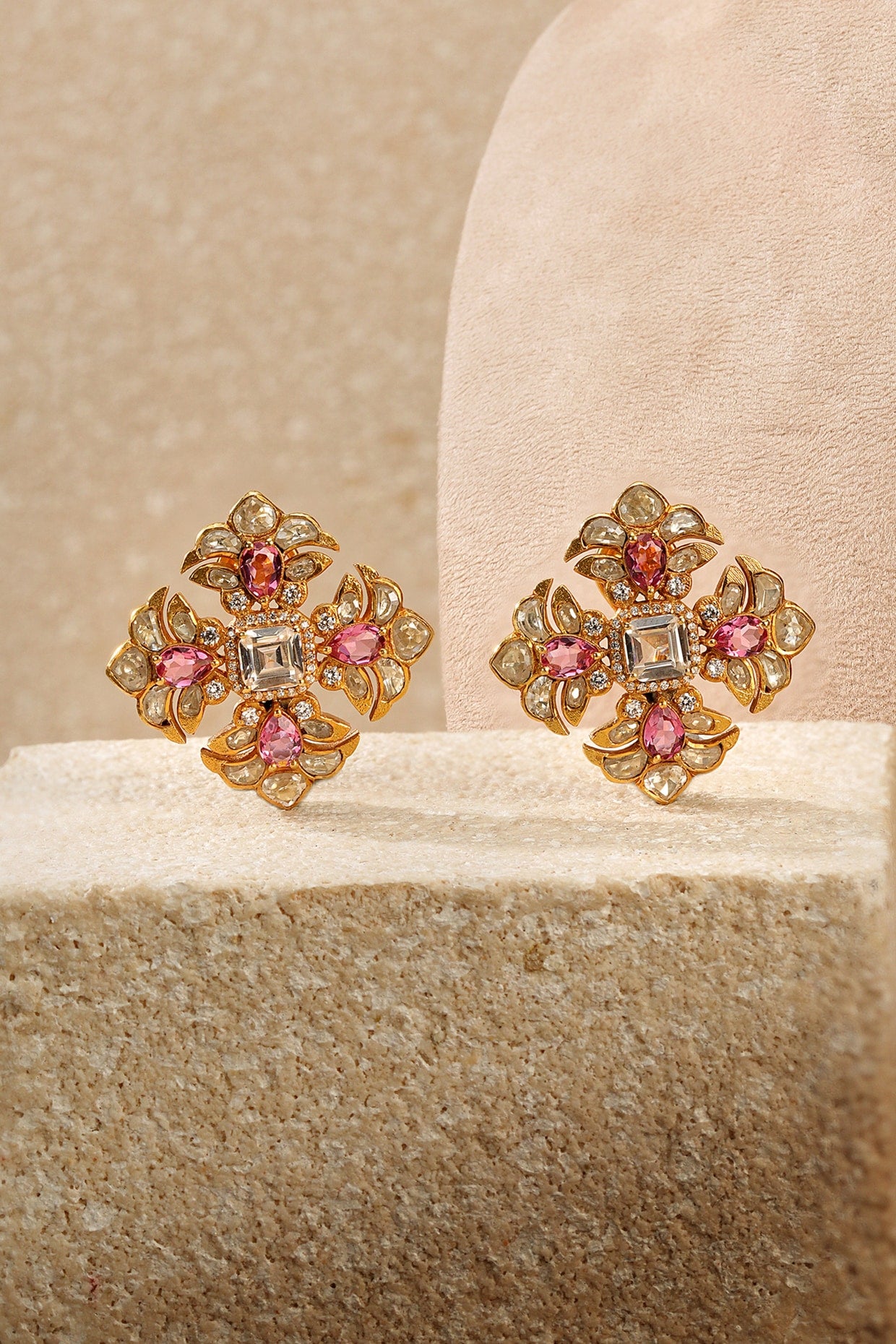 Gold Plated Zircon & American Diamond Stud Earrings In Sterling Silver