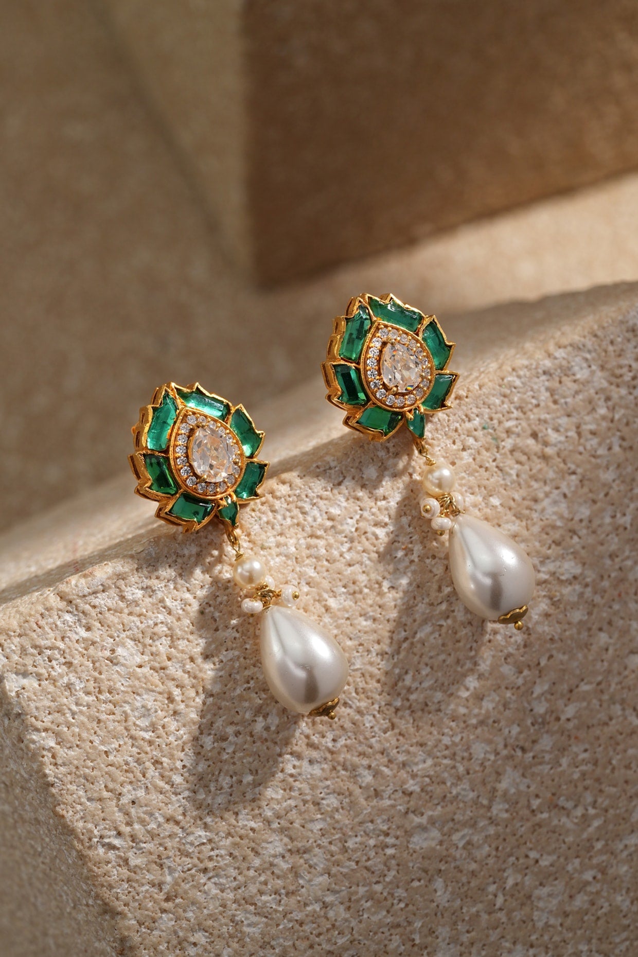 Gold Finish Emerald & Swarovski Pearl Droplet Earrings In Sterling Silver