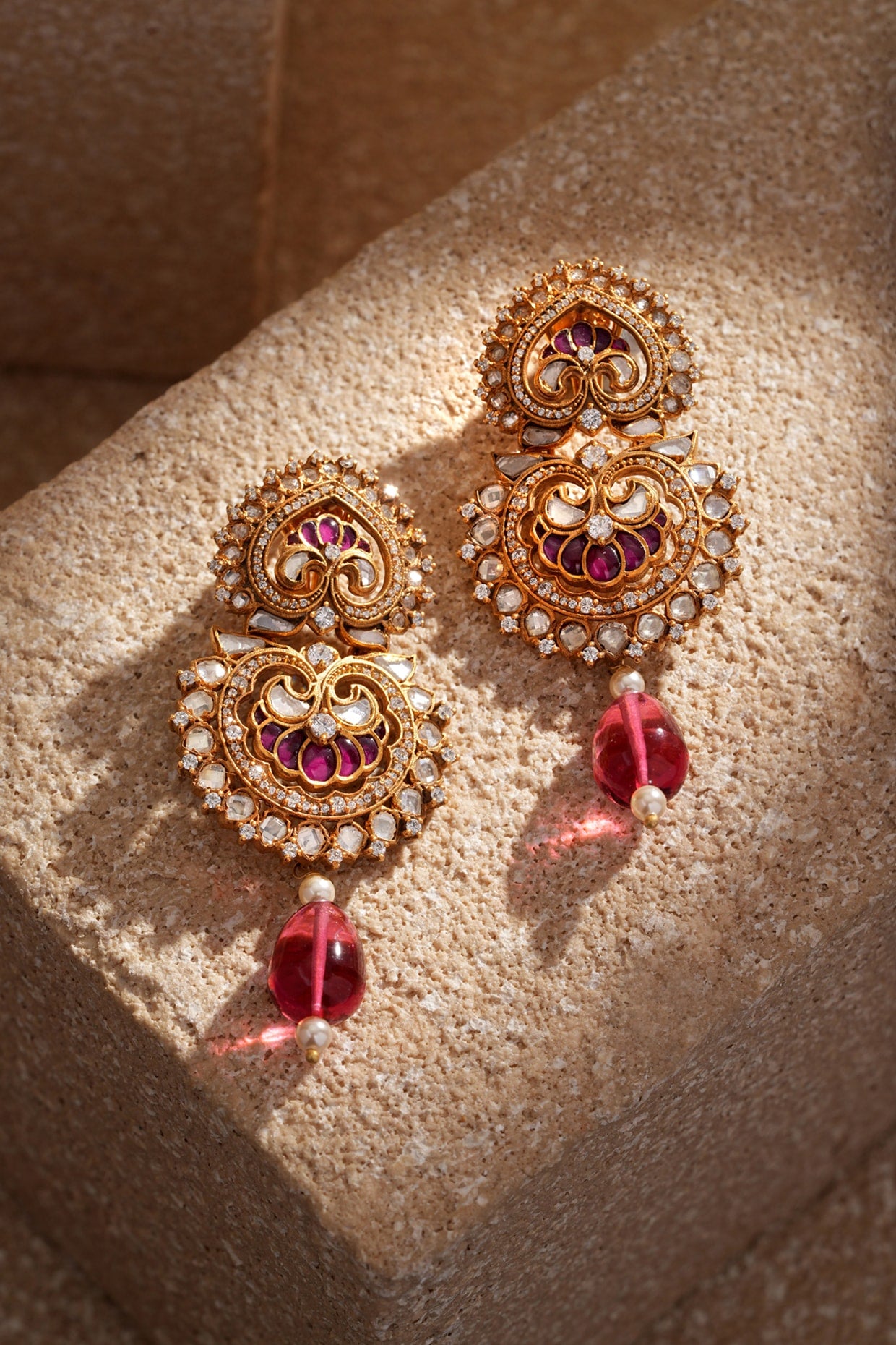 Gold Finish Ruby & Zircon Dangler Earrings In Sterling Silver