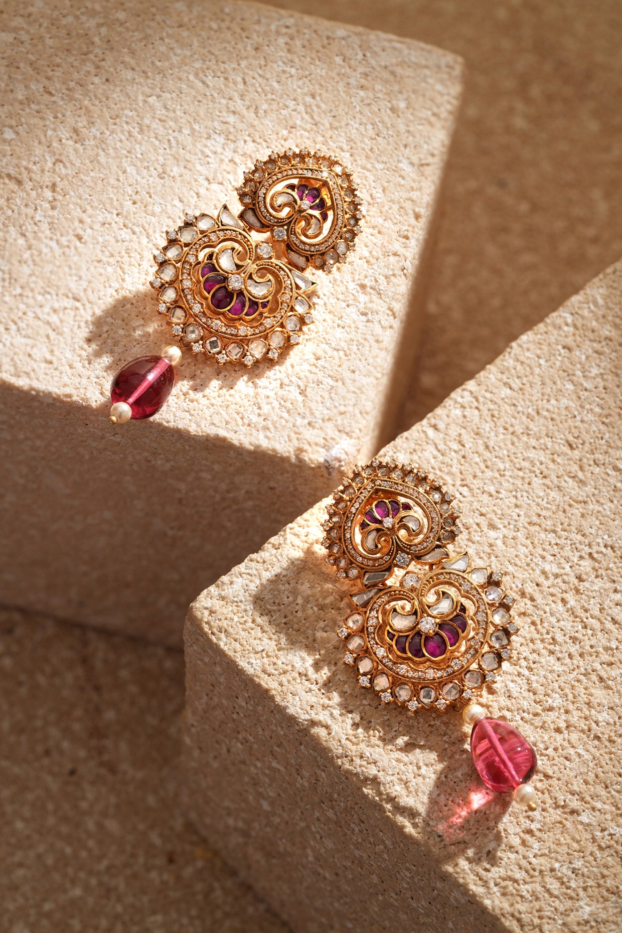 Gold Finish Ruby & Zircon Dangler Earrings In Sterling Silver