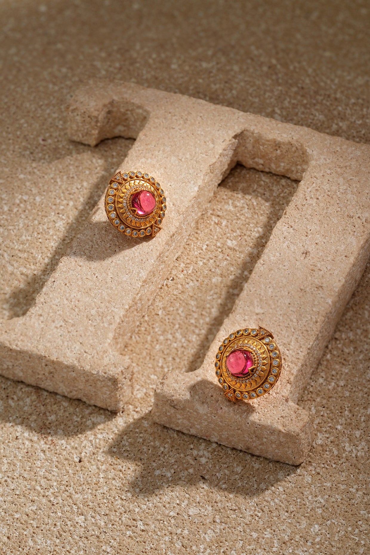 Gold Plated Zircon & Cabochon Stud Earrings In Sterling Silver