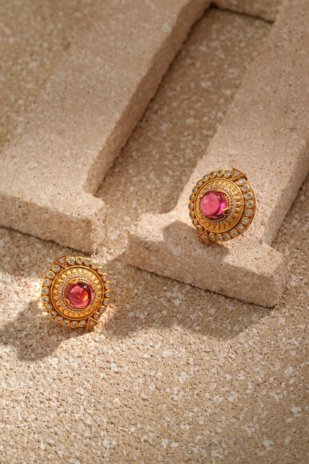 Gold Plated Zircon & Cabochon Stud Earrings In Sterling Silver