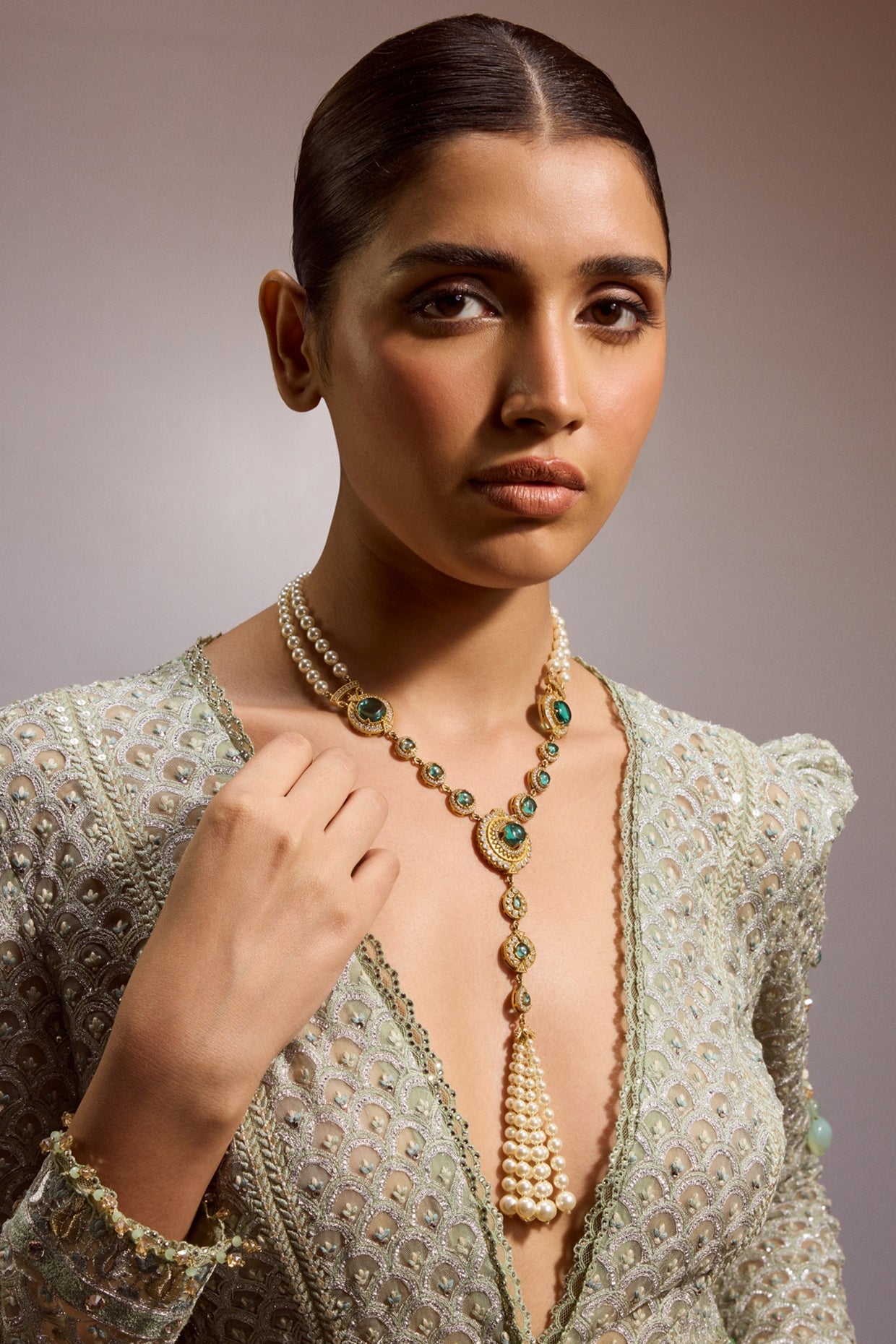 Gold Plated Emerald & Zircon Long Necklace In Sterling Silver