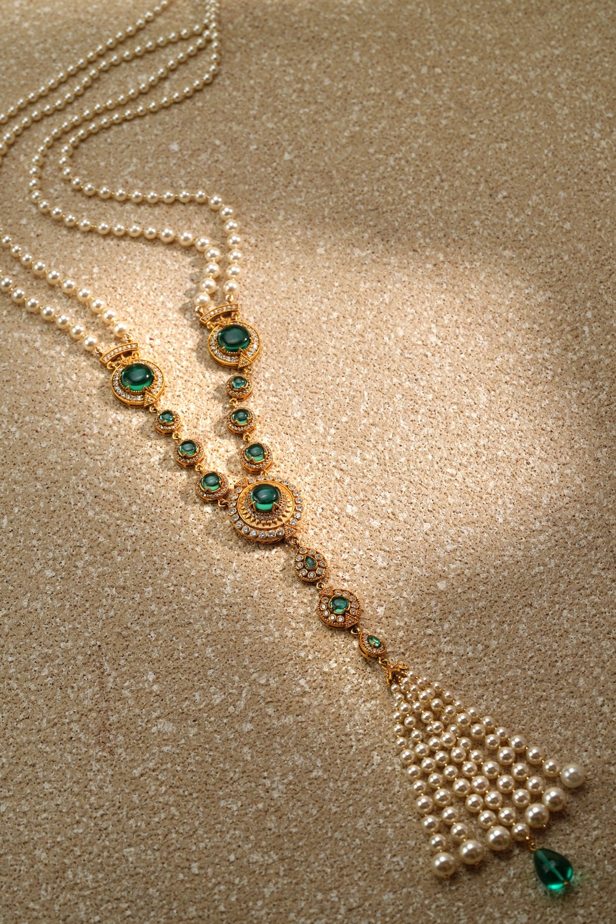 Gold Plated Emerald & Zircon Long Necklace In Sterling Silver