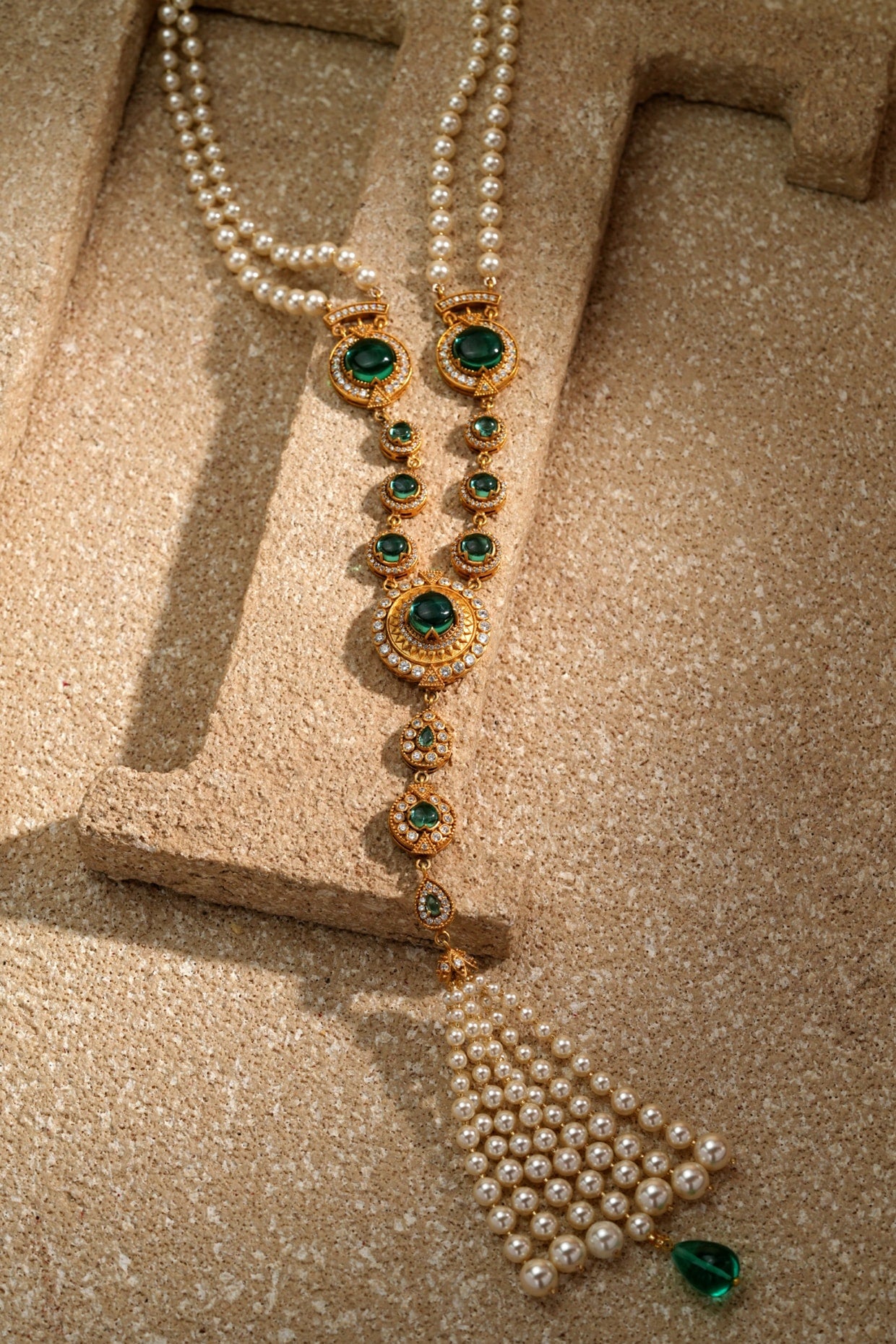 Gold Plated Emerald & Zircon Long Necklace In Sterling Silver