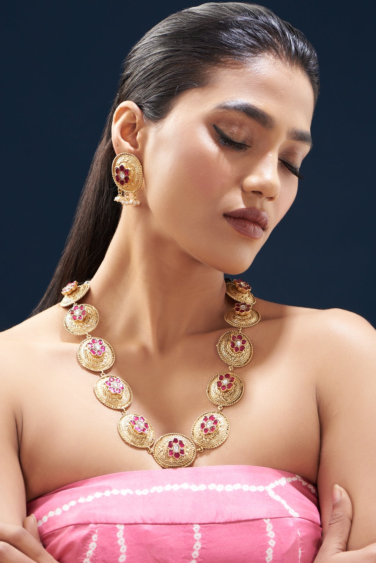 Gold Plated Kundan Polki & Semi-Precious Stone Long Necklace Set