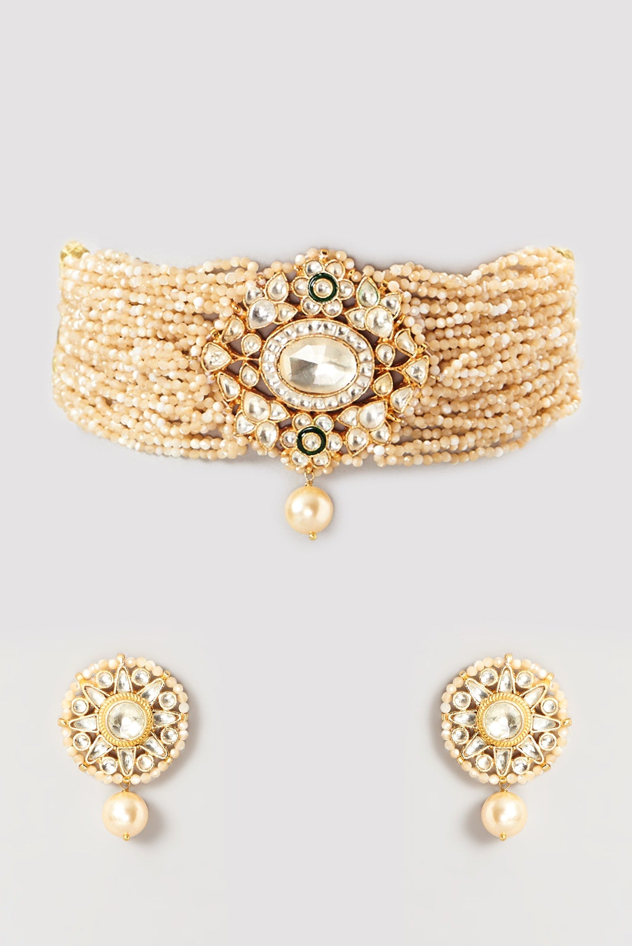 Gold Plated Kundan Polki & Semi-Precious Stone Choker Necklace Set