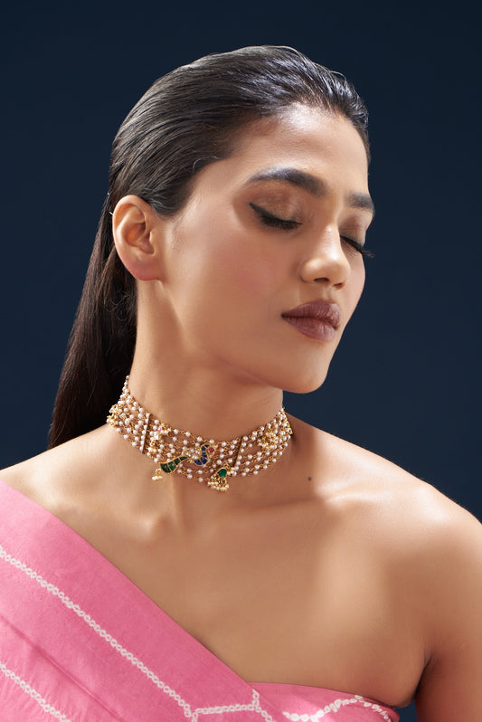 Gold Plated Kundan Polki & Semi-Precious Stone Choker Necklace