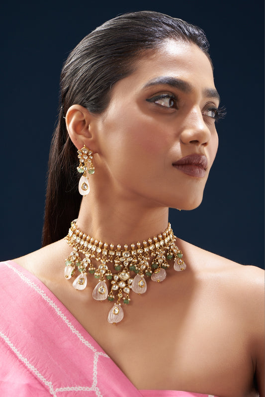 Gold Plated Kundan Polki & Semi-Precious Stone Choker Necklace Set