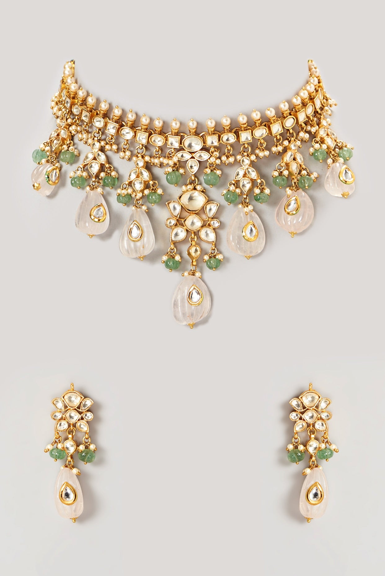 Gold Plated Kundan Polki & Semi-Precious Stone Choker Necklace Set