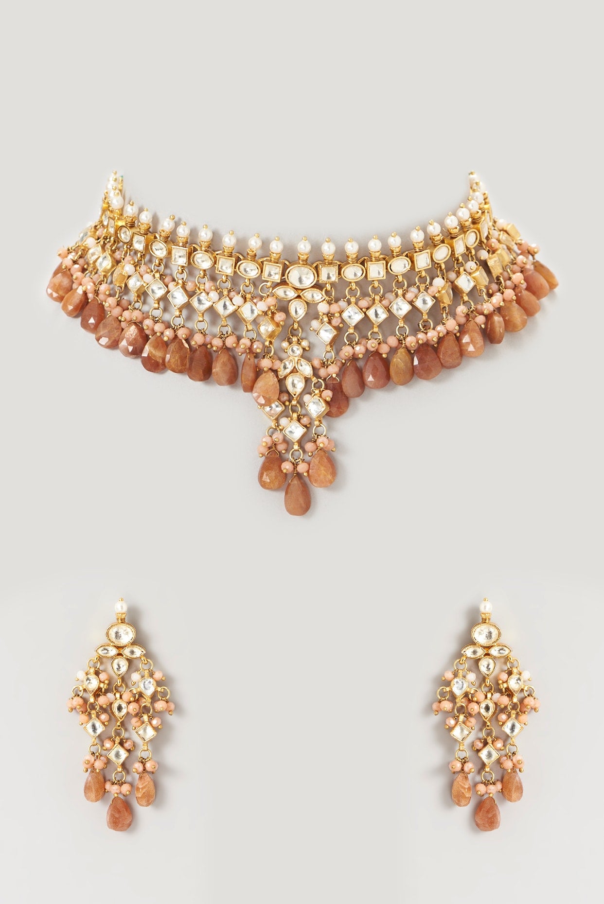 Gold Plated Kundan Polki & Semi-Precious Stone Choker Necklace Set