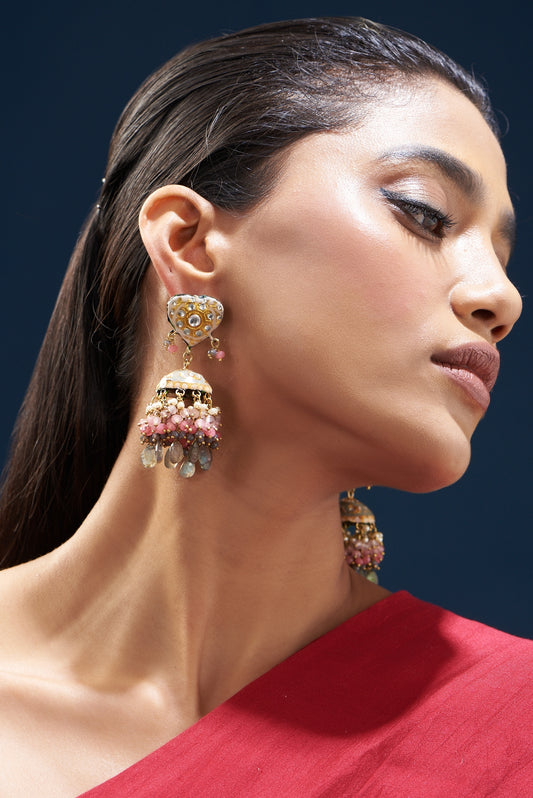 Gold Plated Semi-Precious Stone Meenakari Enameled Earrings