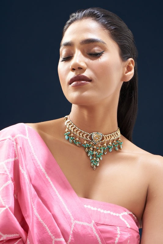 Gold Plated Semi-Precious Stone Meenakari Enameled Choker Necklace