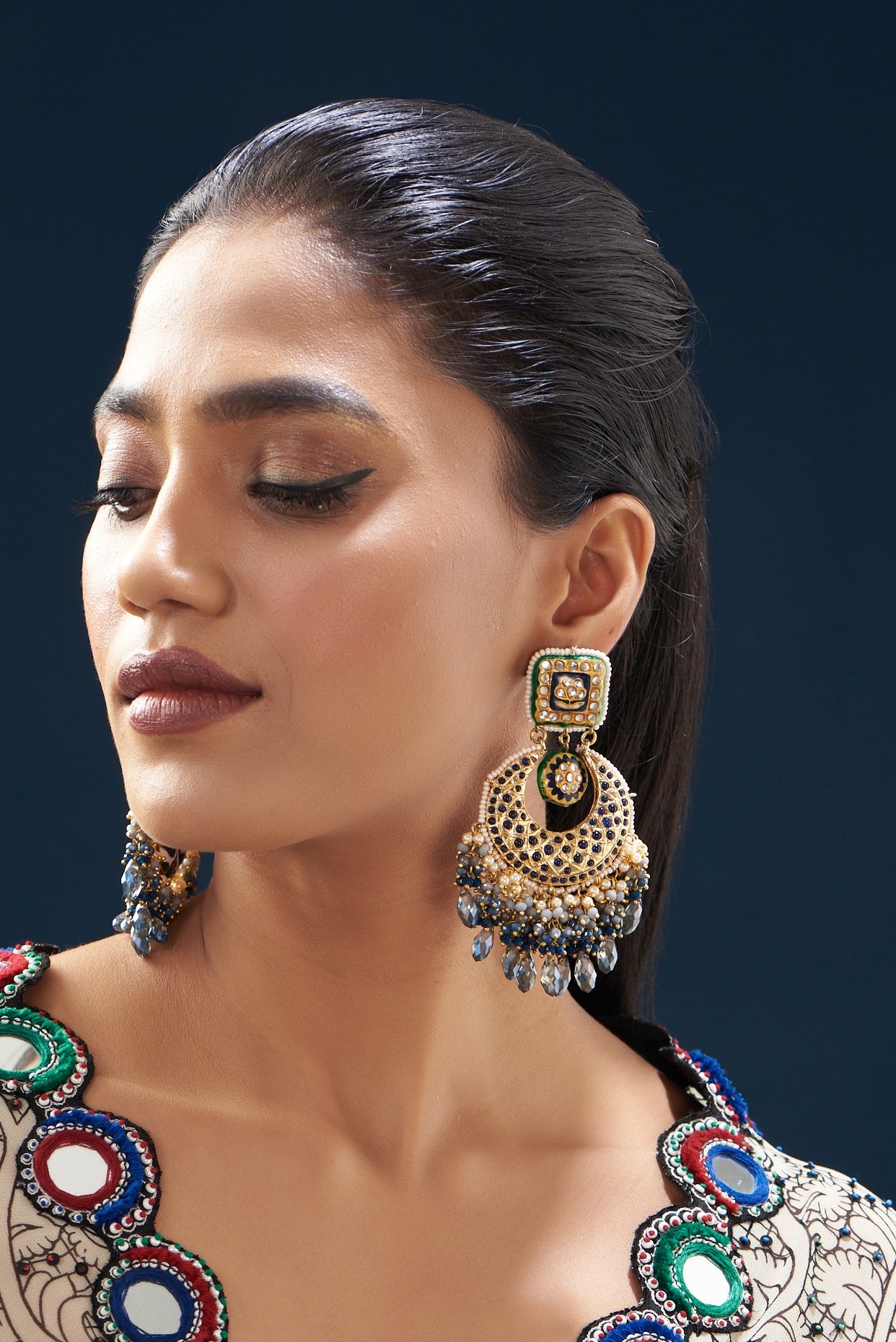 Gold Plated Semi-Precious Stone Meenakari Enameled Chandbali Earrings