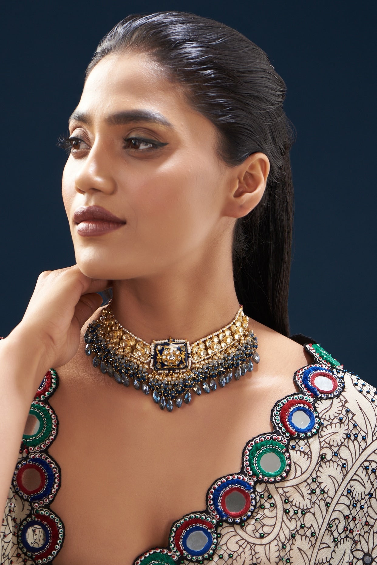 Gold Plated Semi-Precious Stone Meenakari Enameled Choker Necklace