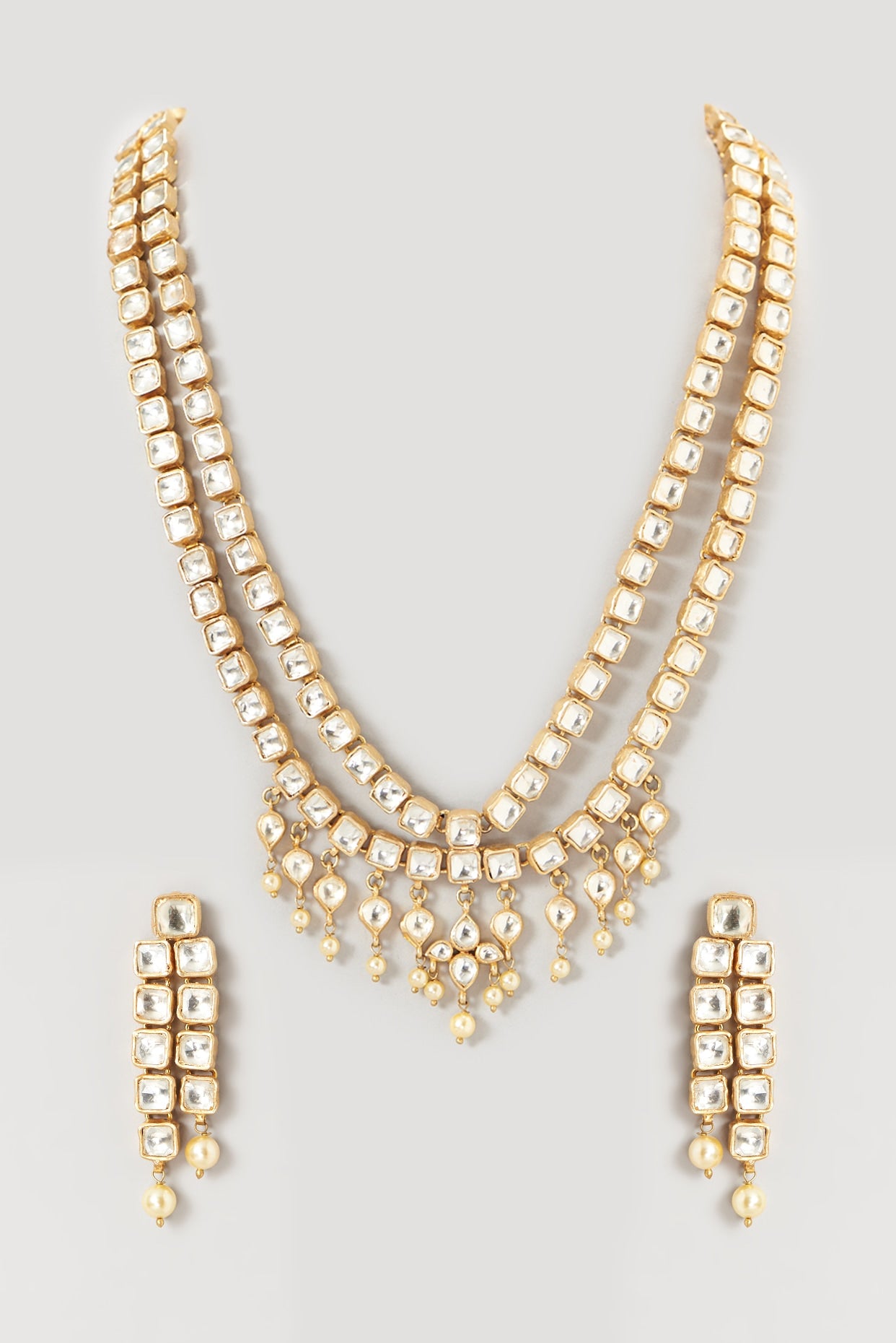 Gold Plated Kundan Polki & Semi-Precious Stone Long Necklace Set