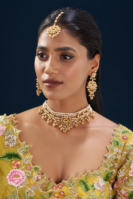 Gold Plated Kundan Polki & Semi-Precious Stone Choker Necklace Set