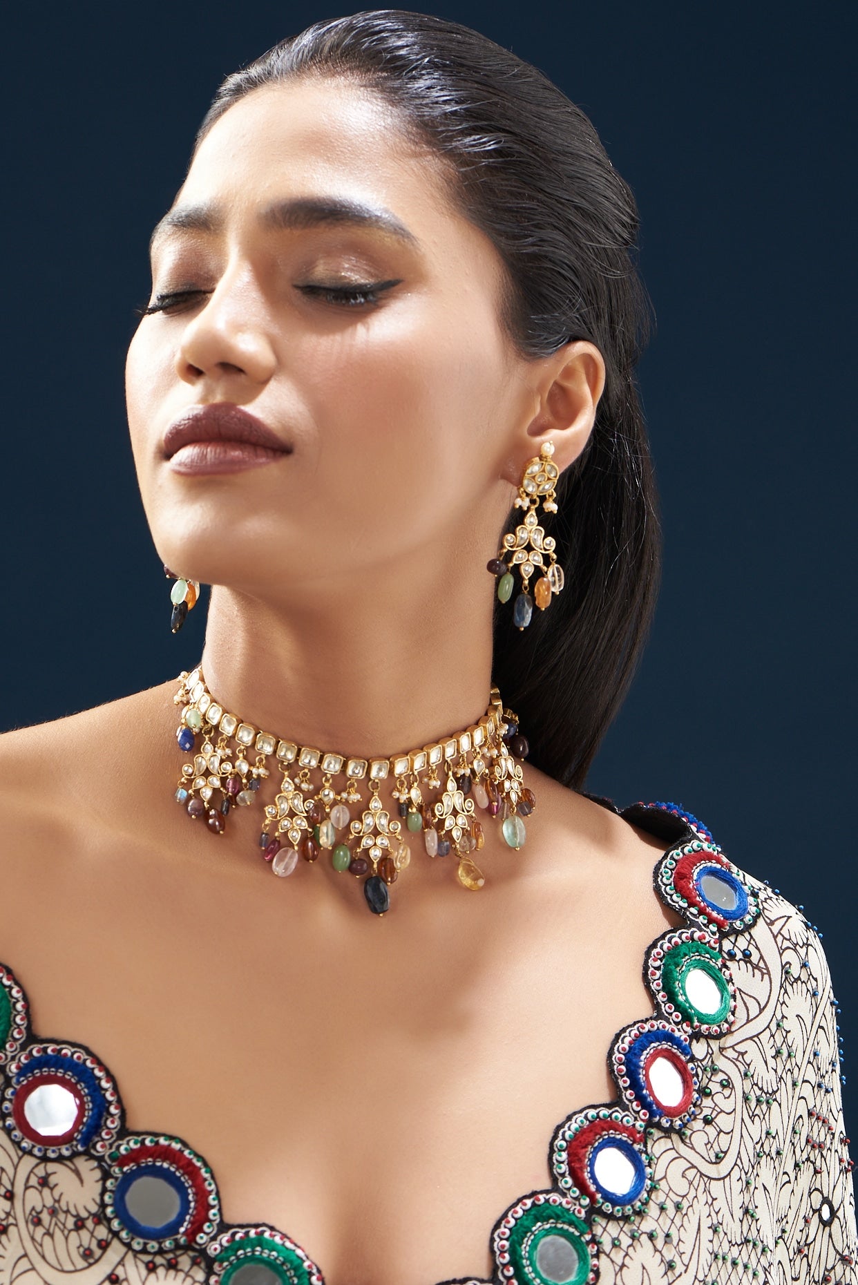 Gold Plated Kundan Polki & Semi-Precious Stone Choker Necklace Set