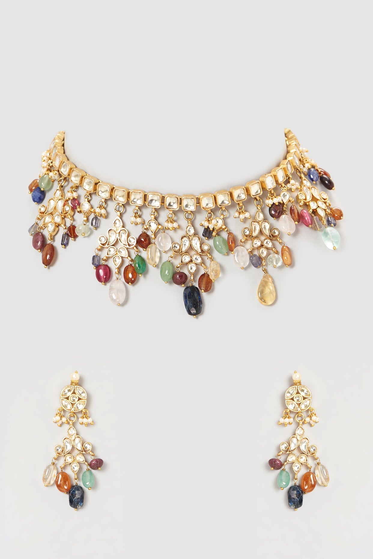 Gold Plated Kundan Polki & Semi-Precious Stone Choker Necklace Set