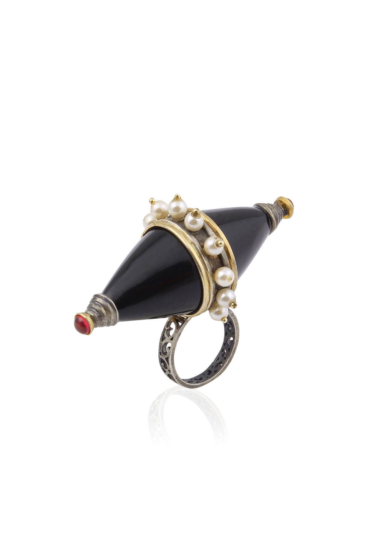 Silver Finish Black Onyx Stone and Pearls Double Triangle Cone Ring