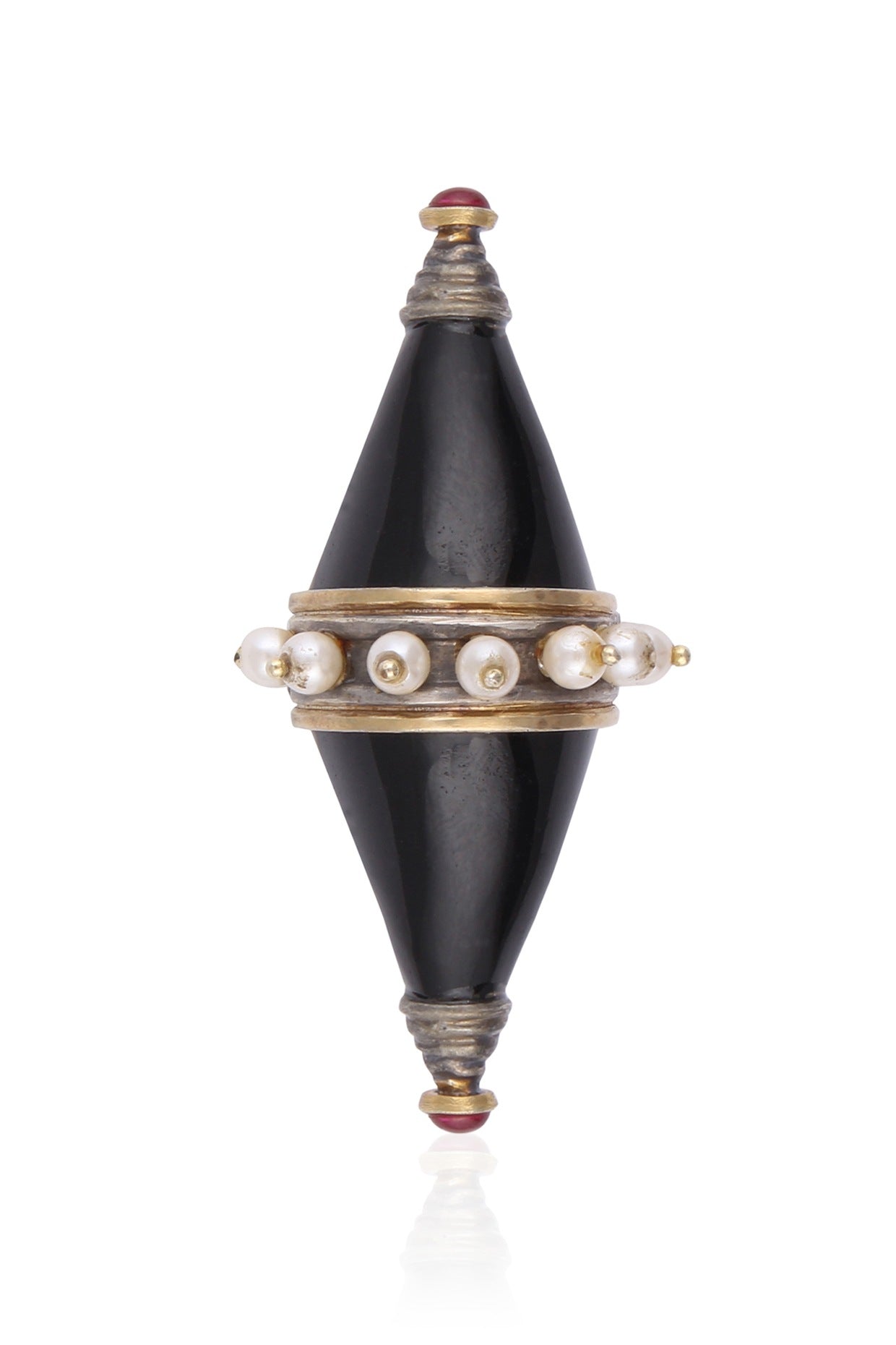 Silver Finish Black Onyx Stone and Pearls Double Triangle Cone Ring