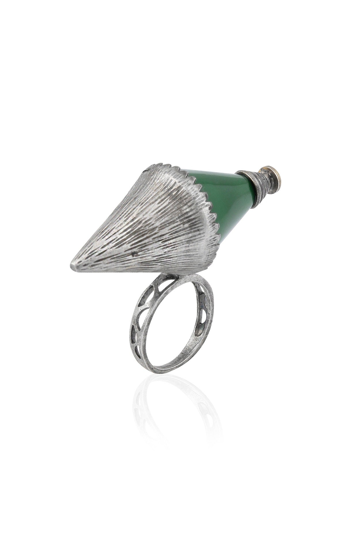 Silver Finish Emerald Semi Precious Double Triangle Ring