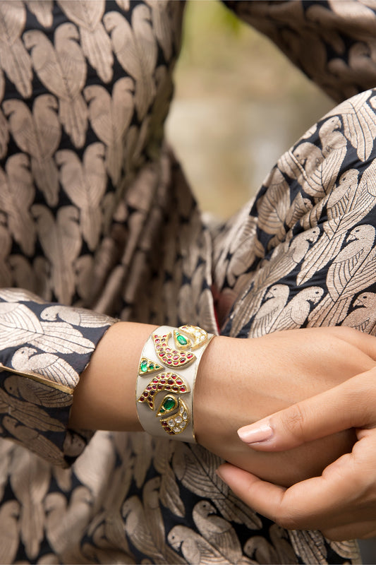 14kt White Gold 24kt Natural Ruby & Emerald Polki Cuff In Sterling Silver