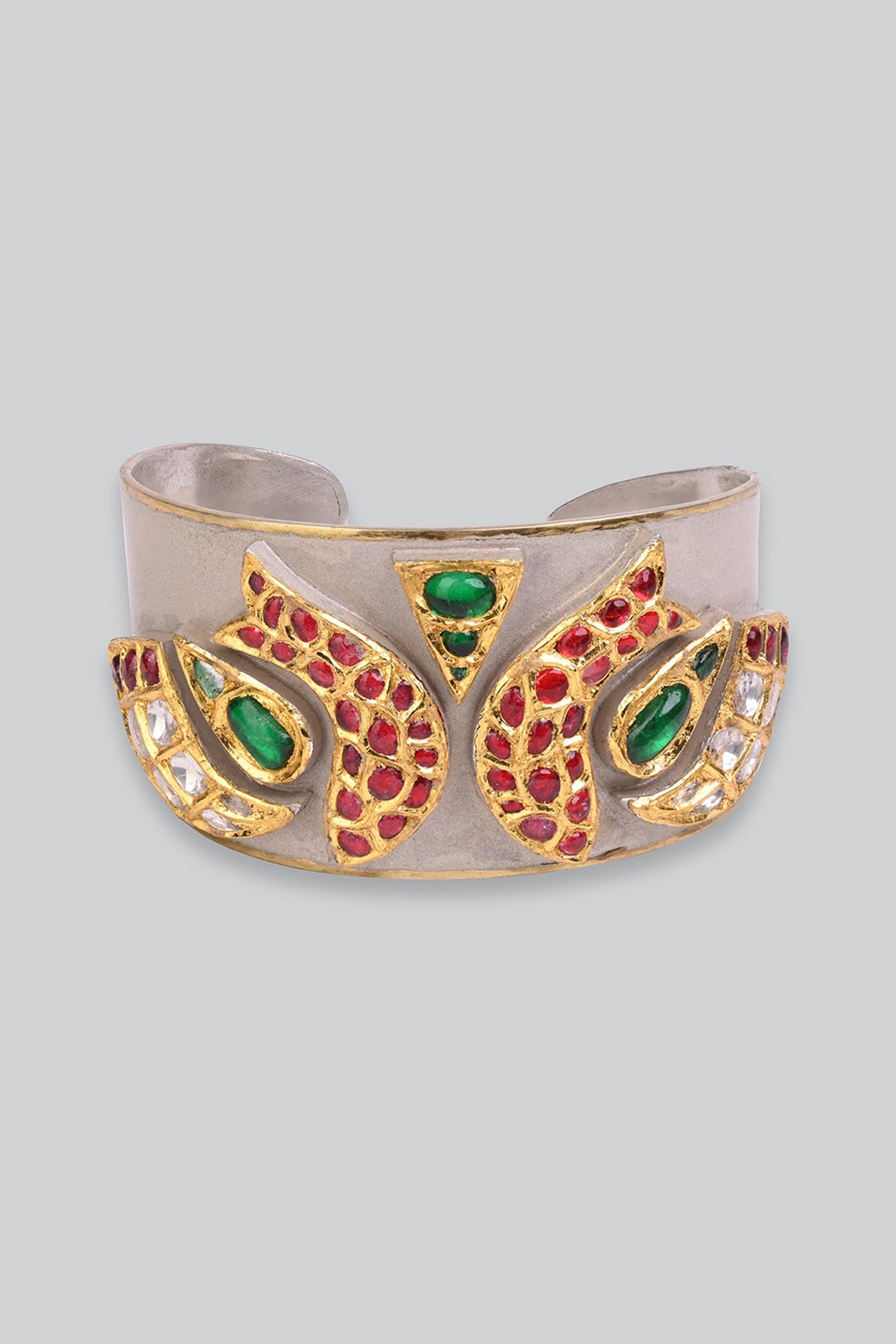 14kt White Gold 24kt Natural Ruby & Emerald Polki Cuff In Sterling Silver