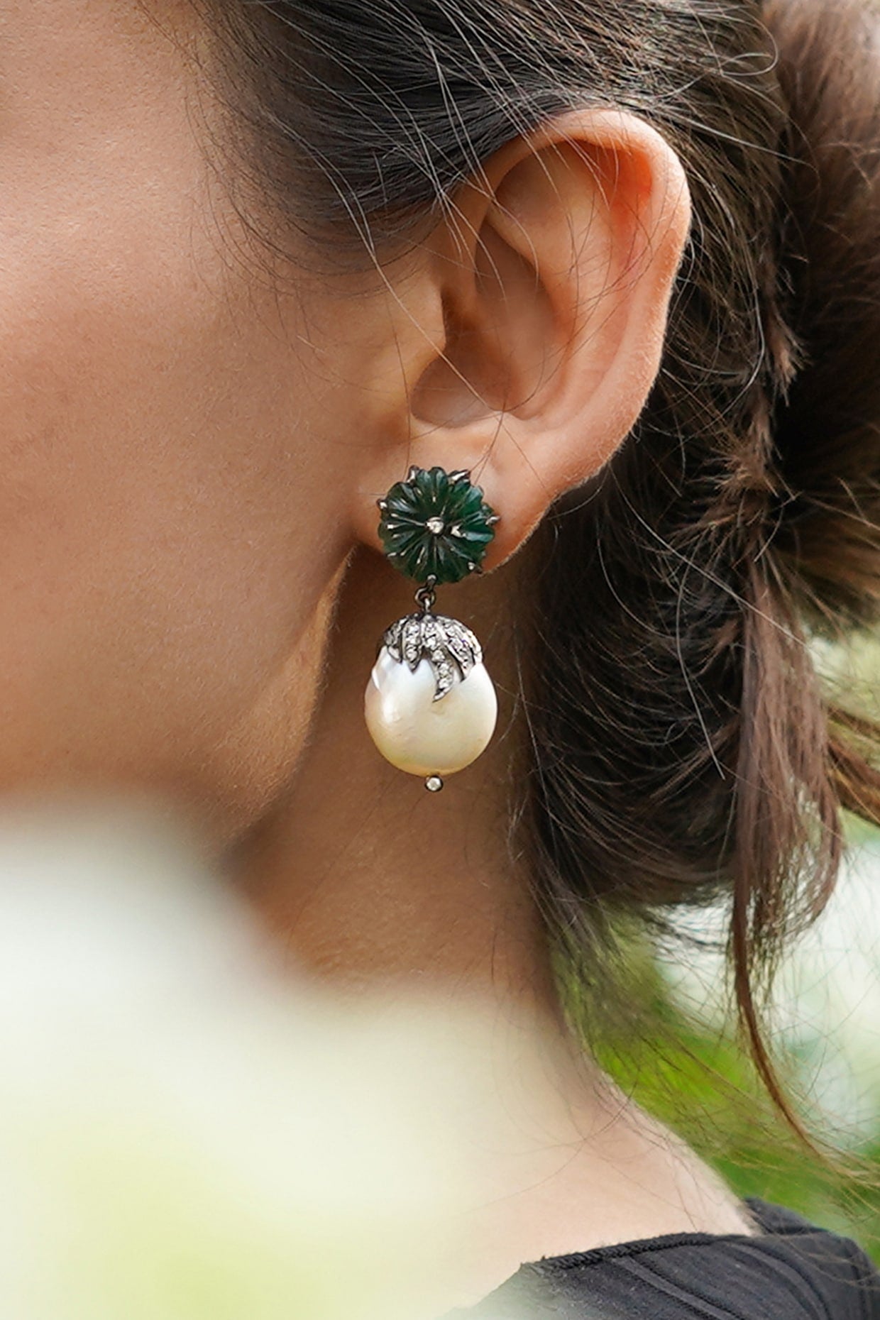 White Finish Baroque Pearl & Green Aventurine Dangler Earrings In Sterling Silver