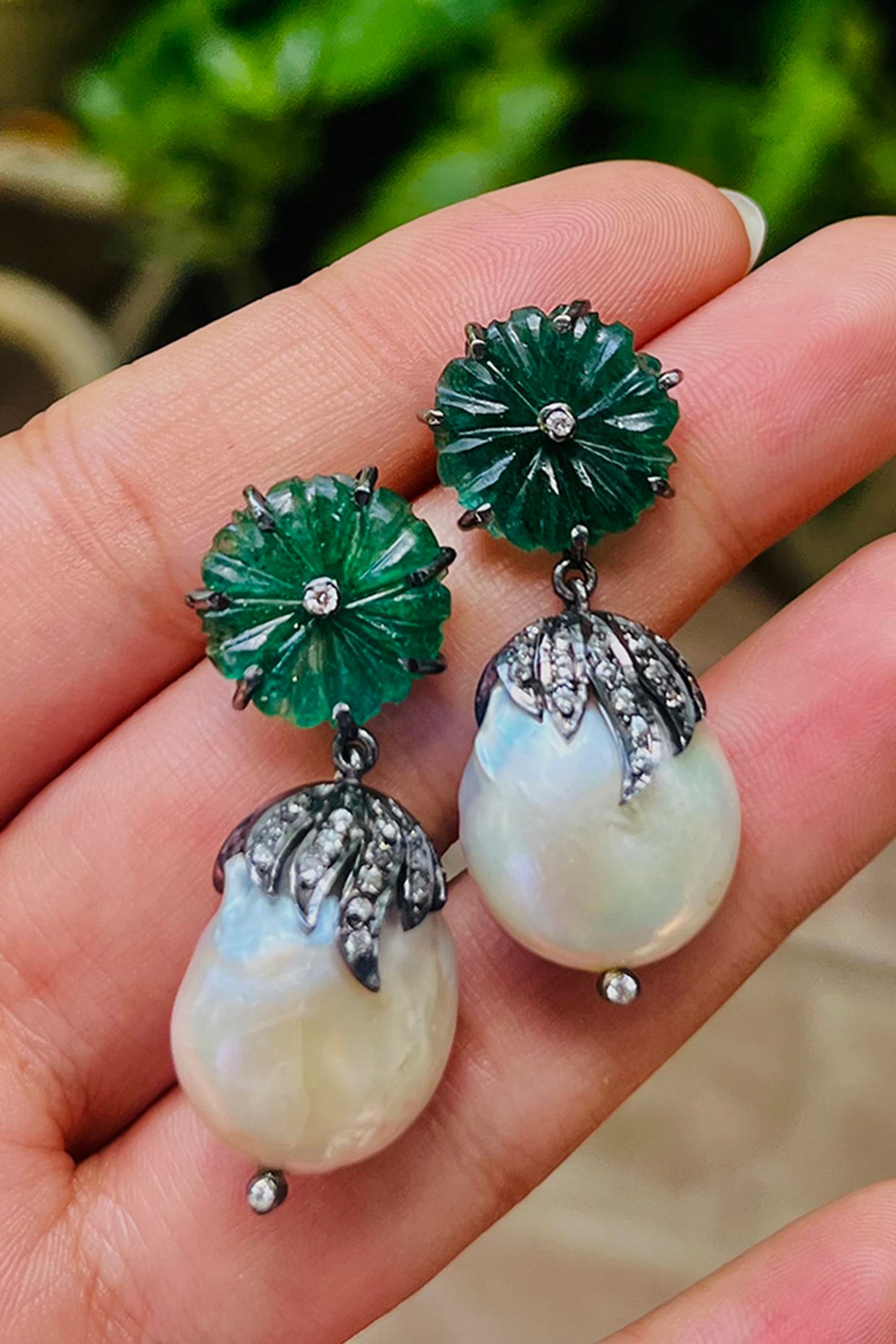 White Finish Baroque Pearl & Green Aventurine Dangler Earrings In Sterling Silver