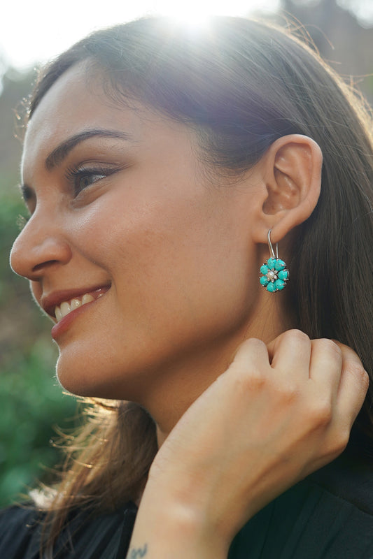 White Finish Turquoise Stone & Pearl Floral Dangler Earrings In Sterling Silver