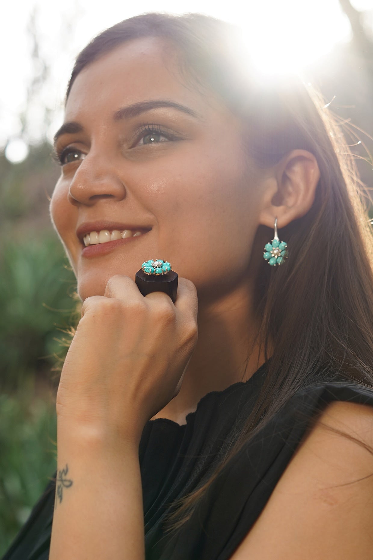 White Finish Turquoise Stone & CZ Ring In Sterling Silver