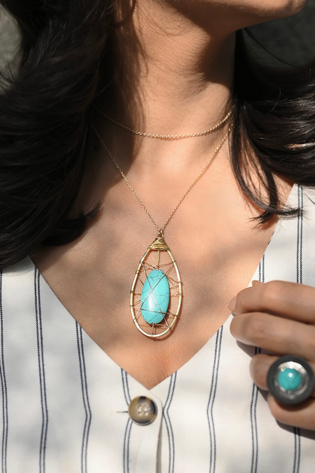 Gold Finish Turquoise Stone Pendant Necklace In Sterling Silver