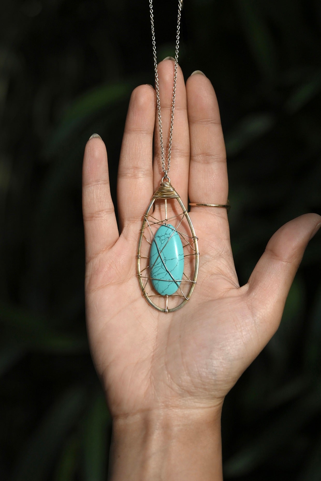 Gold Finish Turquoise Stone Pendant Necklace In Sterling Silver