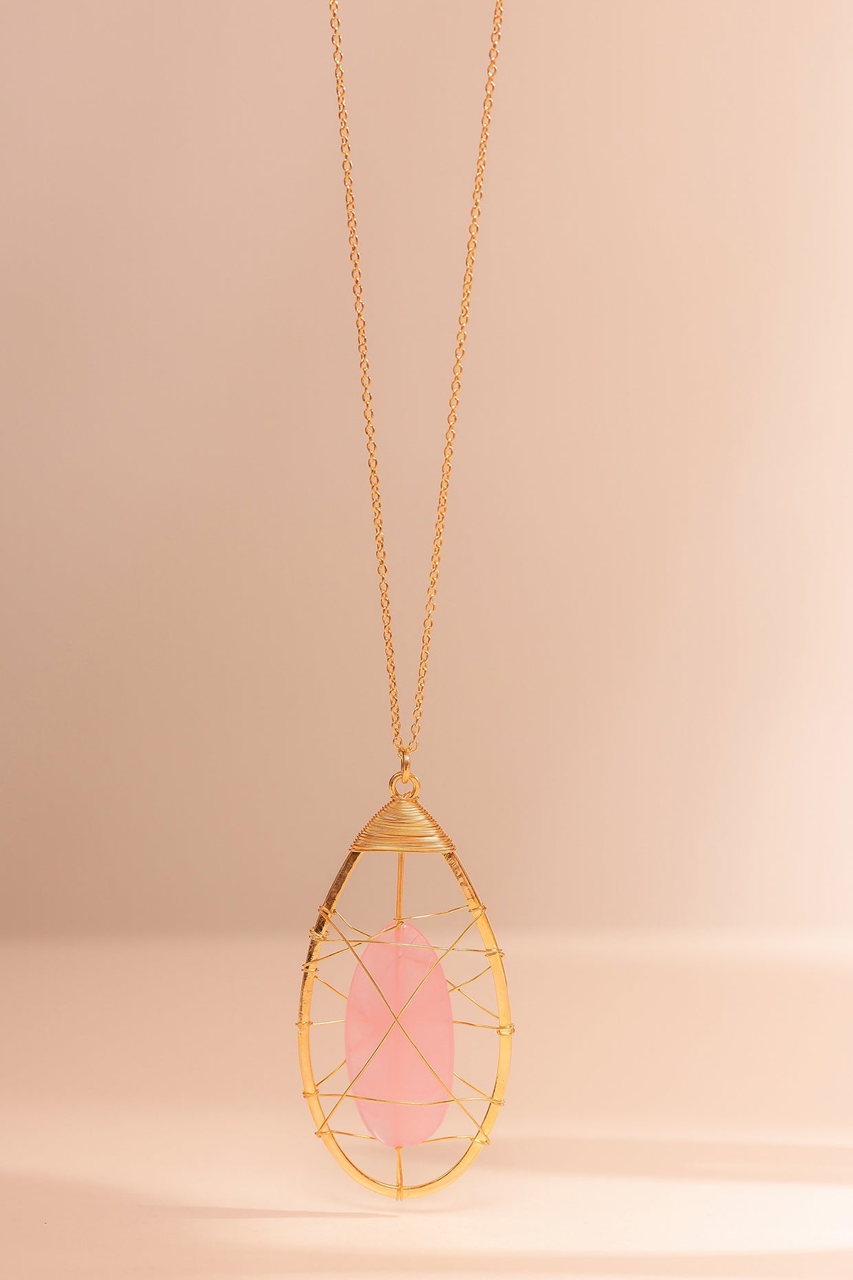 Gold Finish Rose Quartz Gemstone Pendant Necklace In Sterling Silver