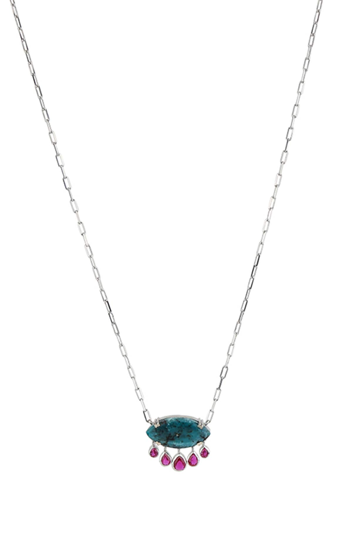 White Finish Turquoise Stone & CZ Evil Eye Necklace In Sterling Silver