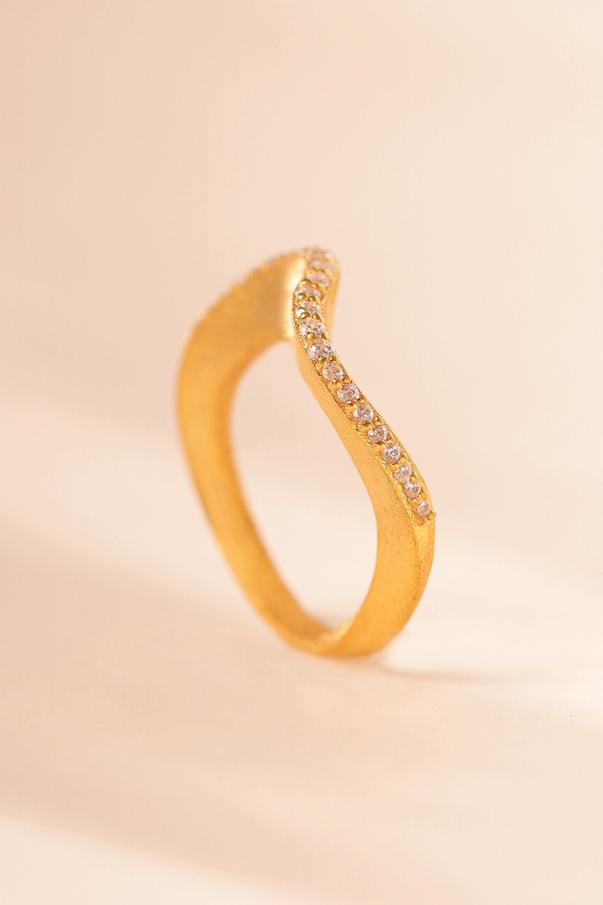 Gold Finish CZ Curved Ring In Sterling Silver