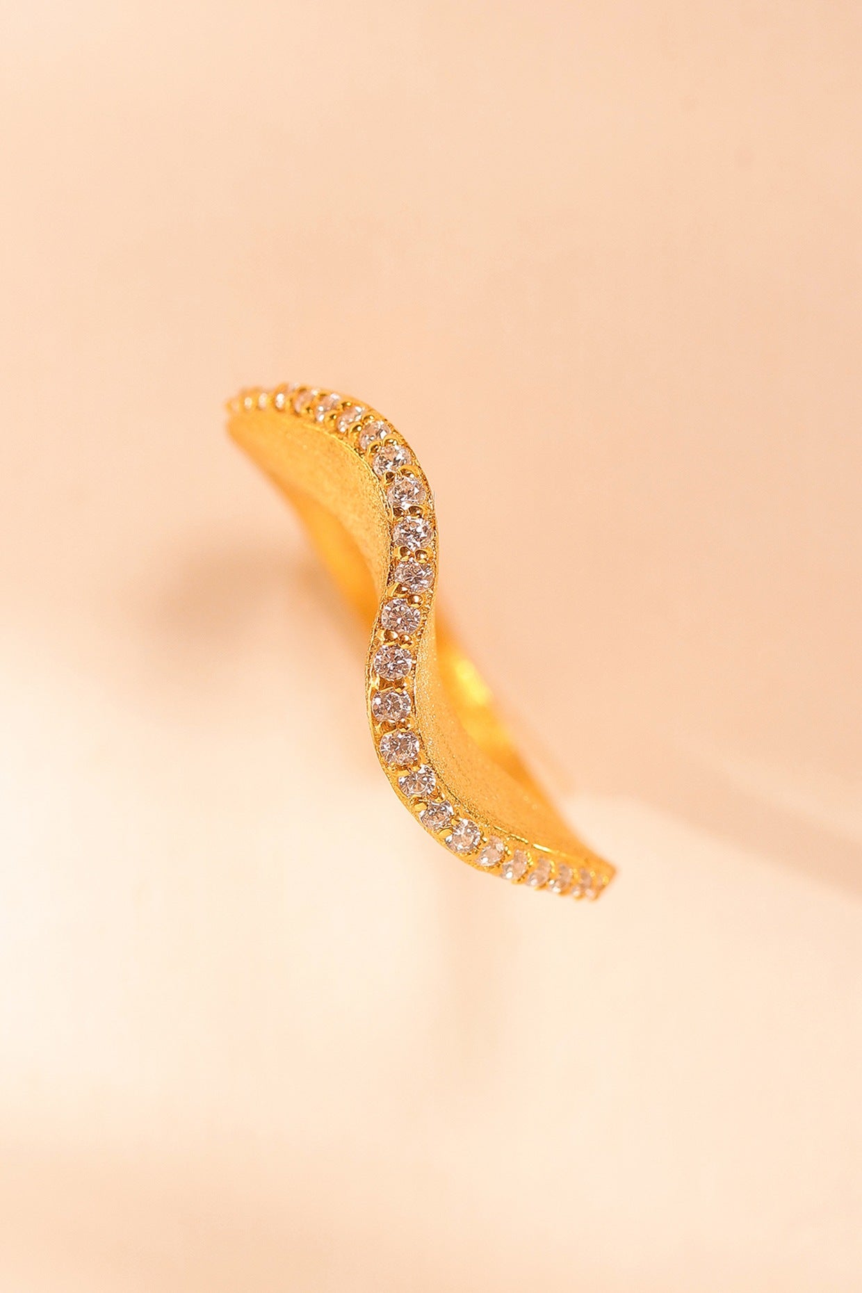 Gold Finish CZ Curved Ring In Sterling Silver