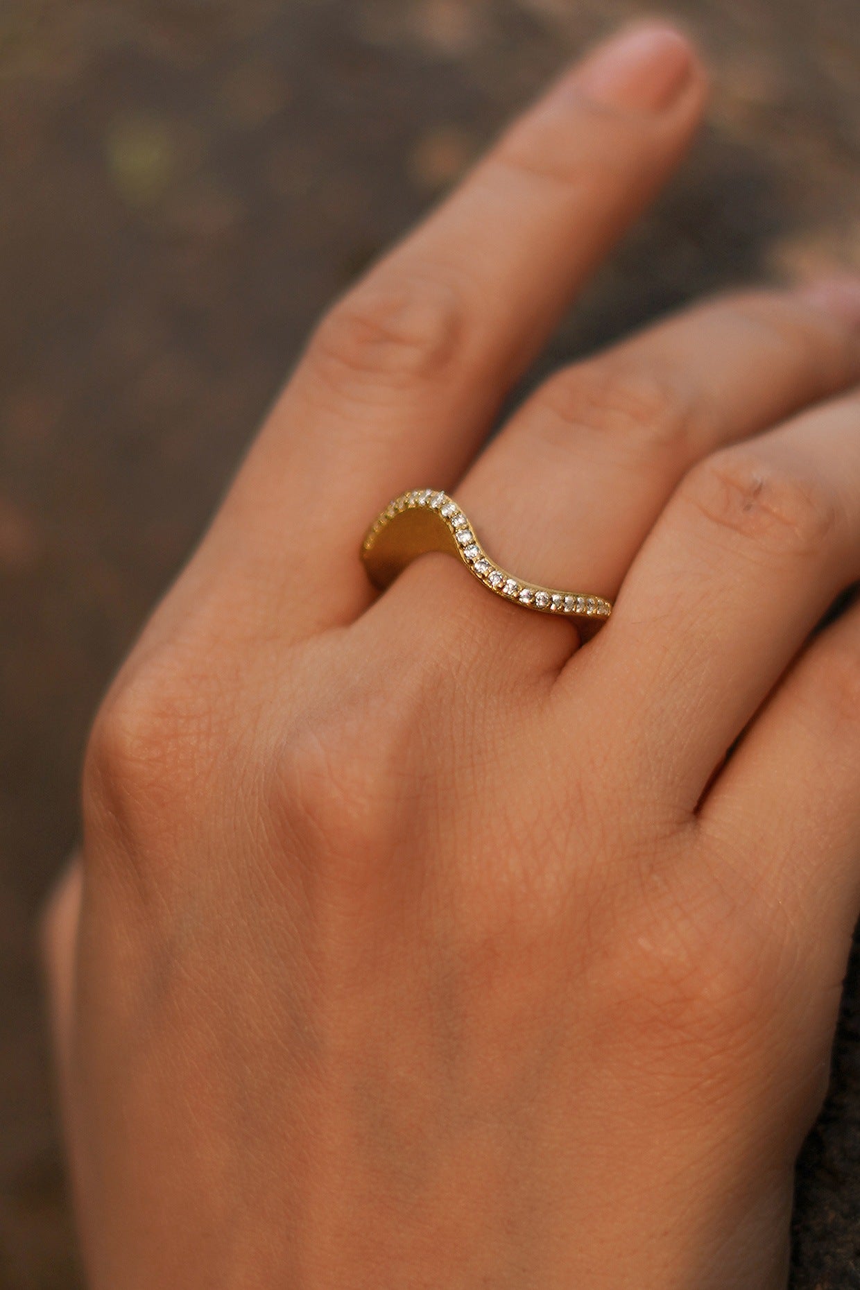 Gold Finish CZ Curved Ring In Sterling Silver