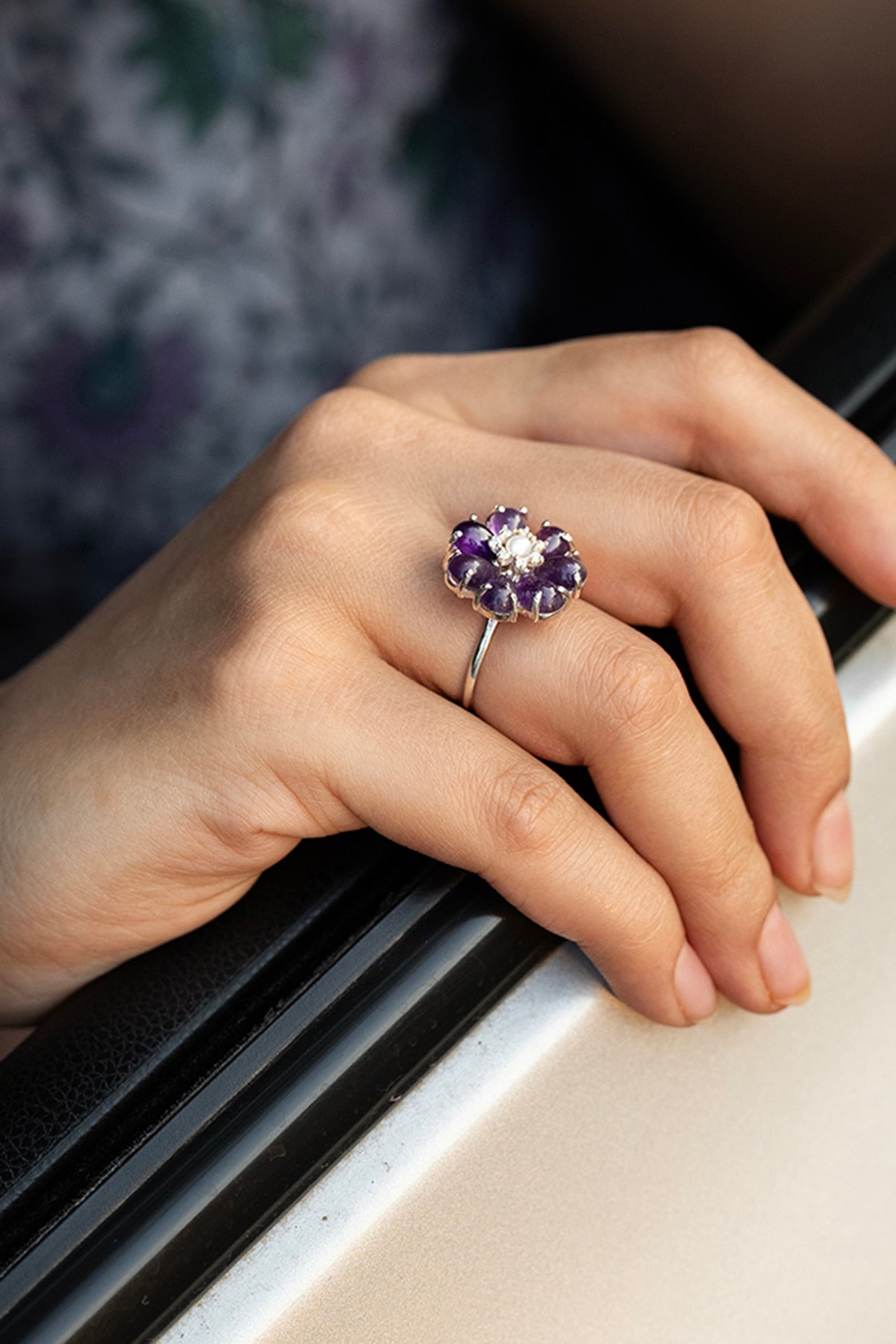 White Finish Purple Amethyst & CZ Floral Ring In Sterling Silver