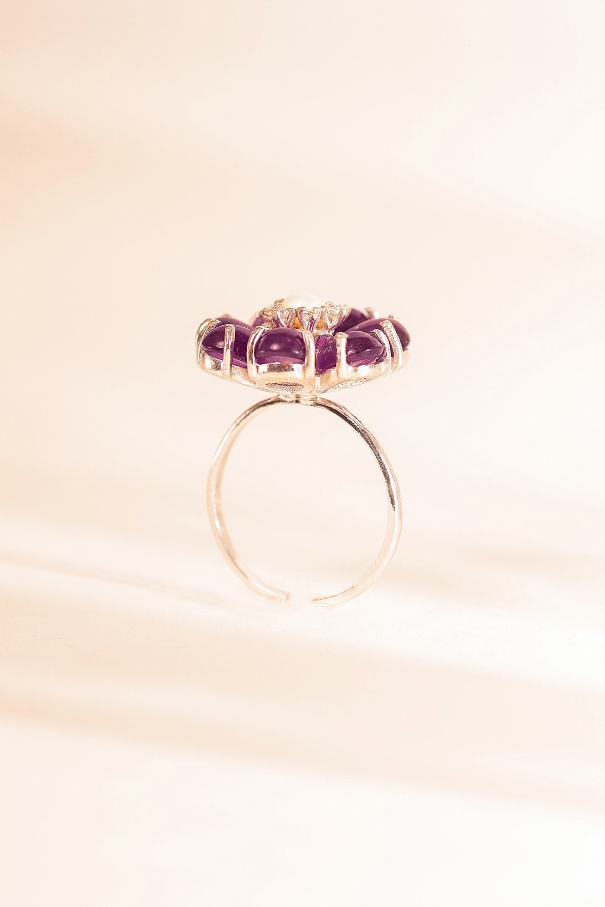 White Finish Purple Amethyst & CZ Floral Ring In Sterling Silver